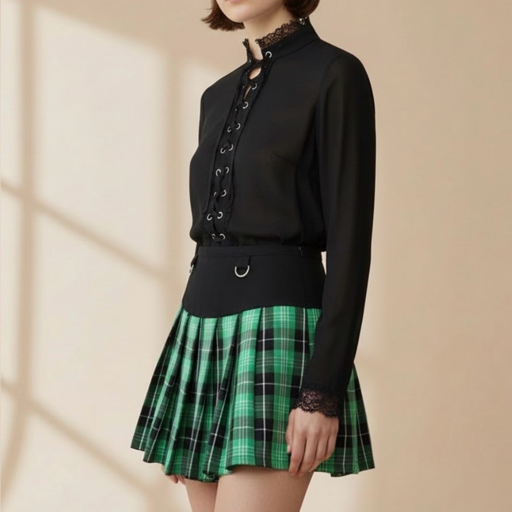 Hot Topic Green Plaid Goth Grunge Dark Academia Women's pleated Mini Skirt M
